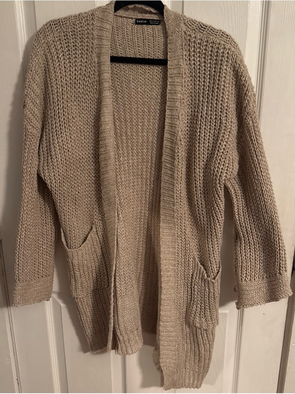 SHEIN Taupe Open-Front Chunky Knit Cardigan with Pockets